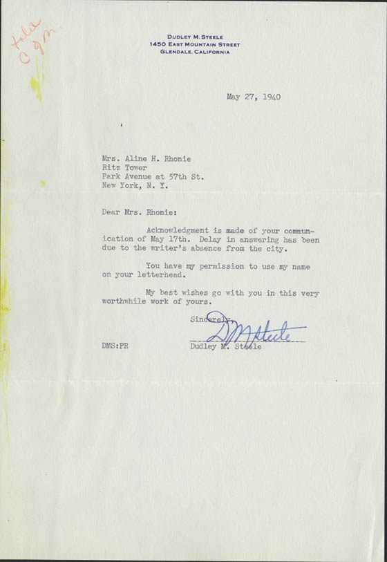 Letter from Dudley Steele, May 27, 1940 (Source: Roberts) 